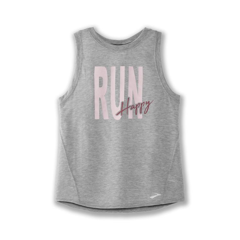 Brooks Distance Graphic Running Tank Top - Women's - Heather Ash/Run Happy/Grey (69712-ENKP)